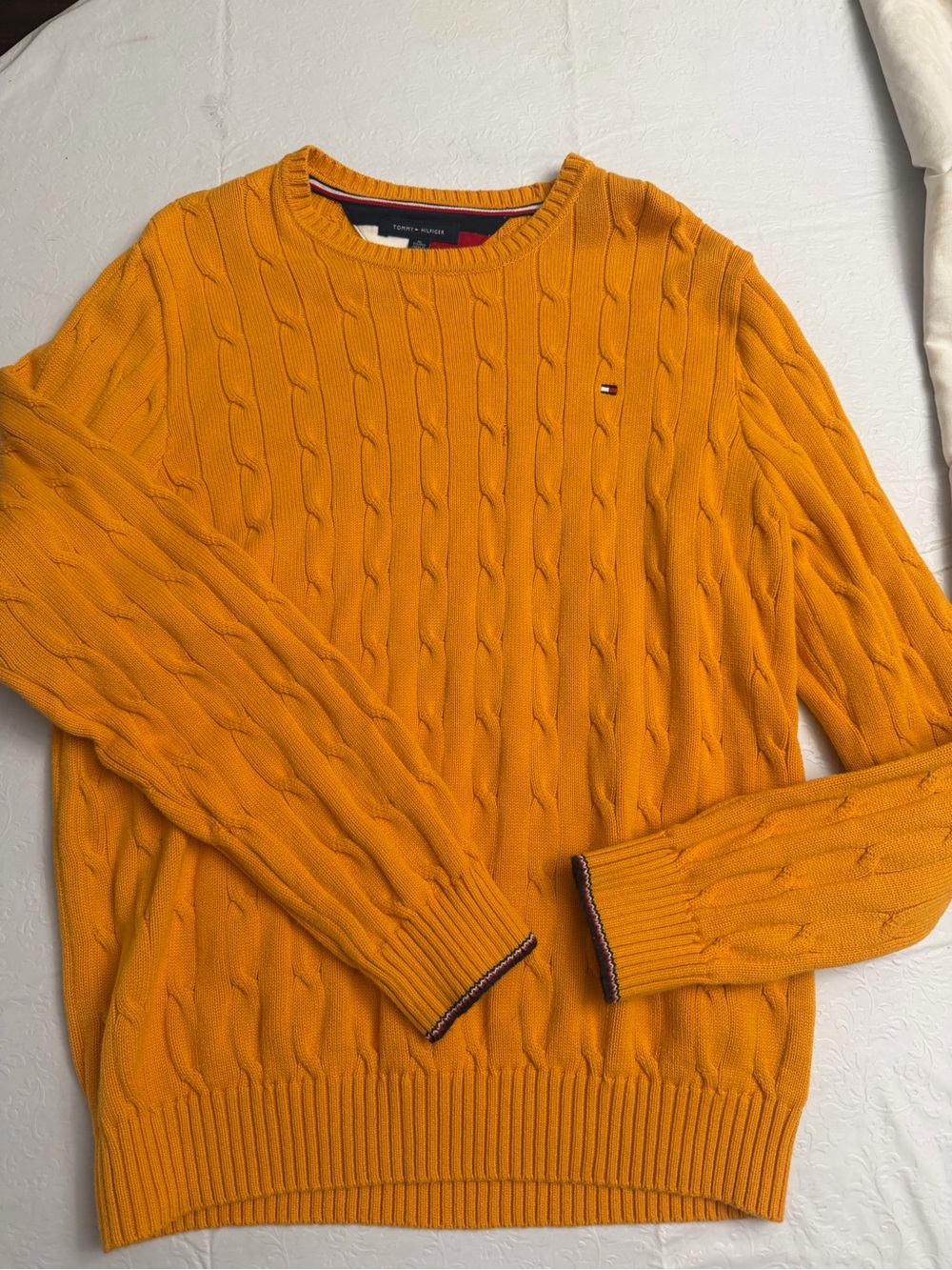 Tommy Hilfiger Men’s Cable-Knit Crewneck Sweater — Mustard/Golden Yellow